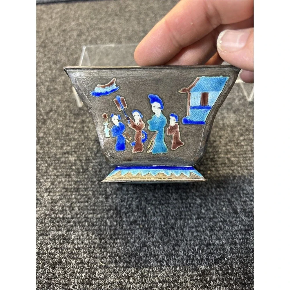 Vtg~Chinese Enameled Copper Blue Lined/Enamel Square Bowl~ Family Story